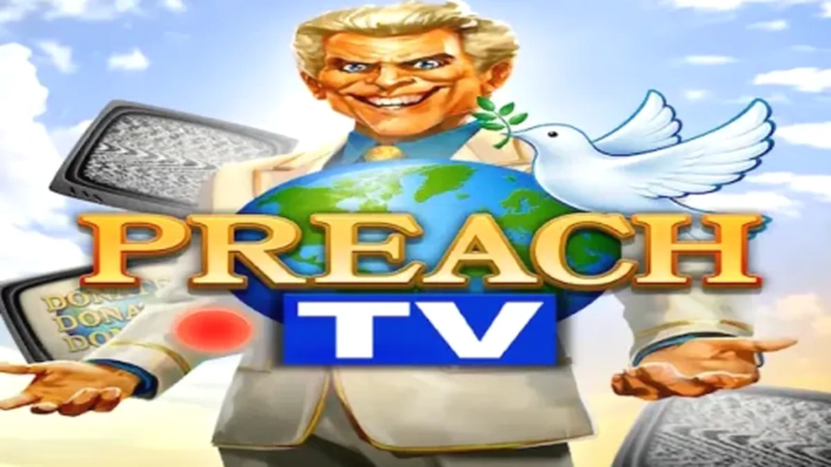 Tela de jogo do slot Preach TV com o pregador e monitores de bônus