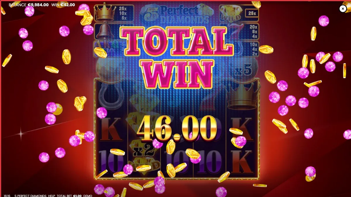 Interface visual do slot 5 Perfect Diamonds com símbolos clássicos e gemas brilhantes
