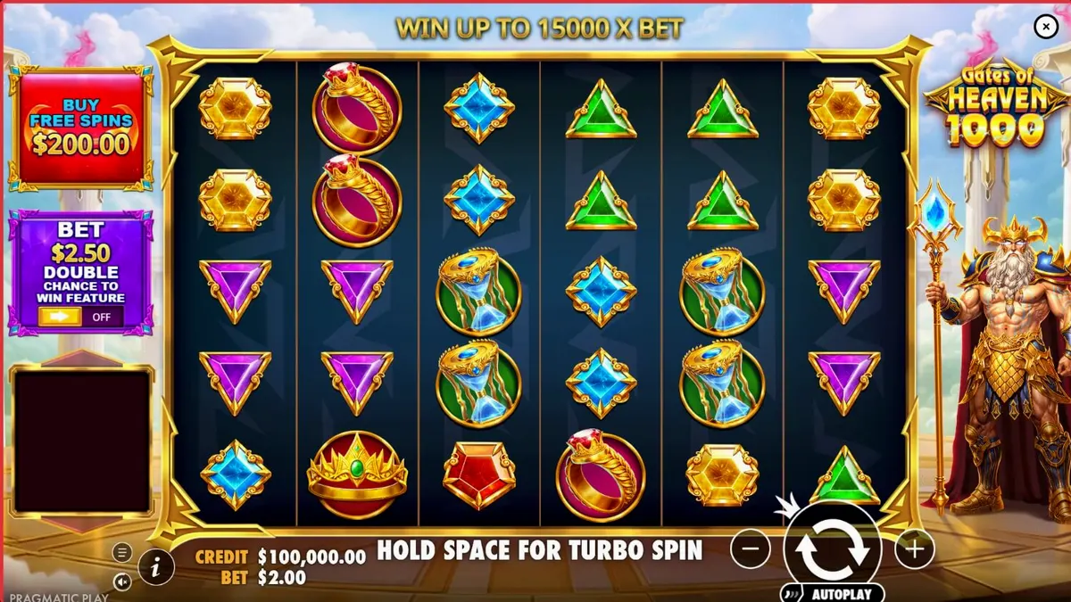 Interface do jogo Gates of Heaven 1000 com Zeus e símbolos celestiais